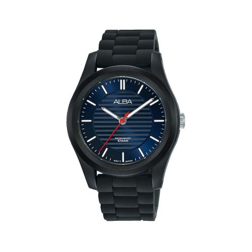 ساعة يد ألبا حريمي فاشون سوار سيليكون أسود ، مينا أزرق غامق AG2025X1