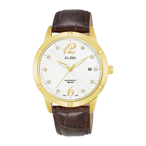 ساعة يد ألبا حريمي فاشون سوار جلد بني غامق مينا سيلفر فاتح AG8N14X1