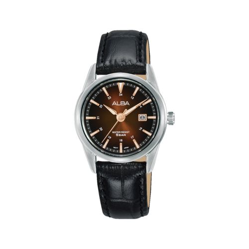 ساعة يد ألبا حريمي برستيج سوار جلد أسود مينا بني × أسود AH7AM7X1