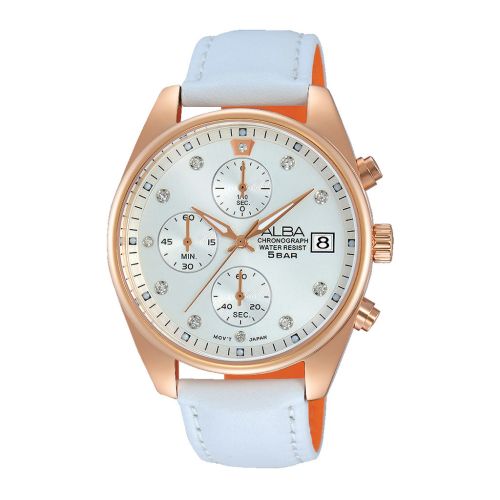 ساعة يد ألبا حريمي برستيج سوار جلد أبيض ، مينا سيلفر فاتح AM3230X1