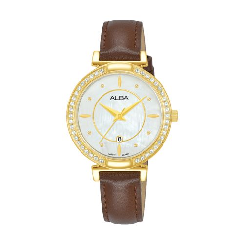 ساعة يد ألبا حريمي فاشون سوار جلد بني ، مينا لون أبيض AH7BF8X1