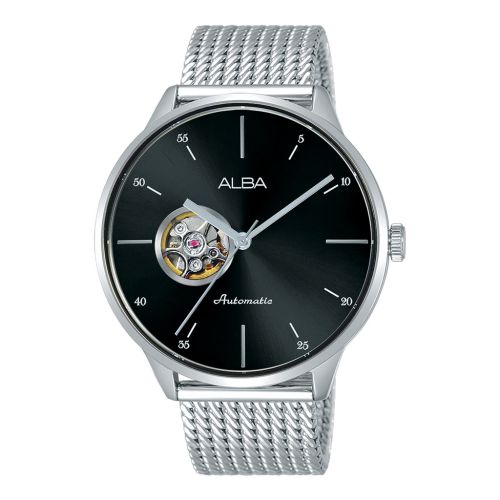 ساعة يد ألبا رجالي فلاجشيب سوار استانلس ستيل ، مينا لون أسود AU7015X1