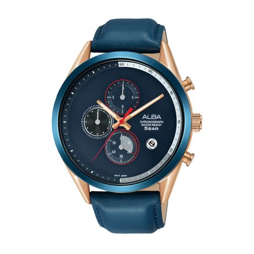 ساعة يد ألبا رجالي برستيج سوار جلد أزرق ، مينا أزرق غامق AM3572X1