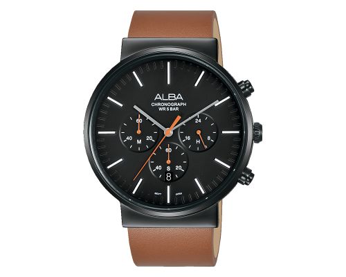 ساعة يد ألبا رجالي برستيج سوار جلد بني ، مينا لون أسود AT3E33X1
