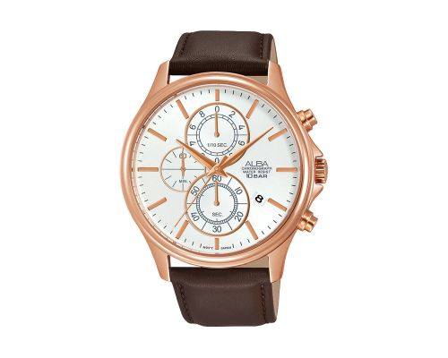 ساعة يد ألبا رجالي برستيج سوار جلد بني ، مينا سيلفر فاتح AM3420X1
