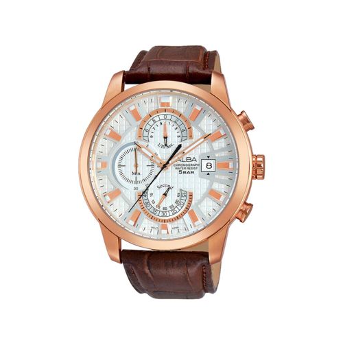 ساعة يد ألبا رجالي برستيج سوار جلد بني ، مينا لون أبيض AM3178X1