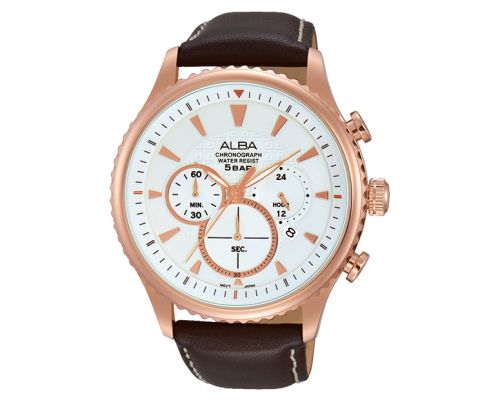 ساعة يد ألبا رجالي برستيج سوار جلد بني غامق ، مينا سيلفر فاتح AT3864X1