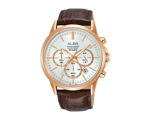 ساعة يد ألبا رجالي برستيج سوار جلد بني ، مينا سيلفر فاتح AT3B94X1