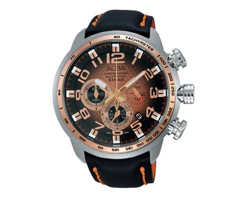 ساعة يد ألبا رجالي اكتيف سوار جلد أسود ، مينا بينك ذهبي × أسود AU2158X1