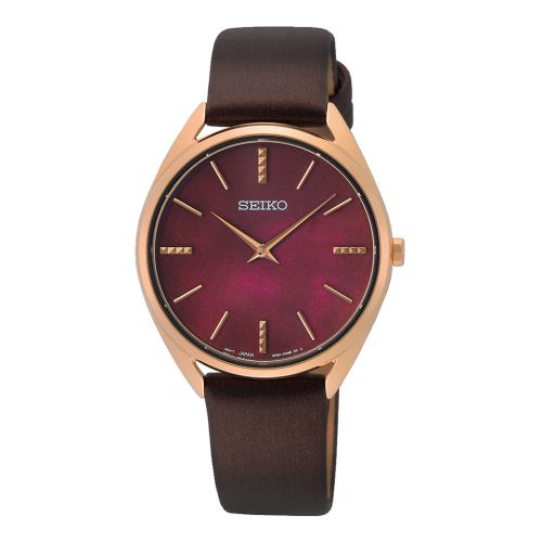 ساعة يد سيكو حريمي كوارتز سوار جلد بني مينا لون أحمر SWR082P1