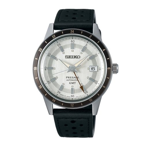 ساعة يد سيكو رجالي بريساج سوار جلد أسود مينا لون سيلفر SSK011J1