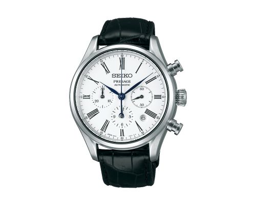 ساعة يد سيكو رجالي بريساج سوار جلد أسود ، مينا لون أبيض SRQ023J1