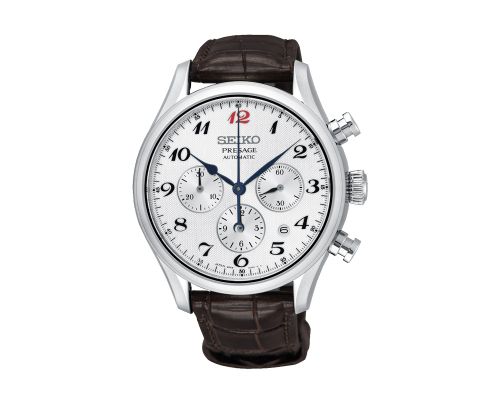 ساعة يد سيكو رجالي بريساج سوار جلد بني ، مينا لون أبيض SRQ025J1