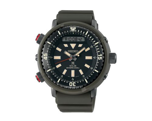 ساعة يد سيكو رجالي بروسبكس سوار مطاط أخضر ، مينا لون أسود SNJ031P1