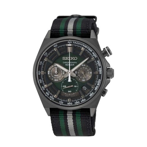 ساعة يد سيكو رجالي كرونوغراف سوار قماش أسود مينا لون زيتي SSB411P1