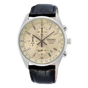 SEIKO Men's Watch CHRONOGRAPH Black Leather Strap Beige Dial SSB383P1